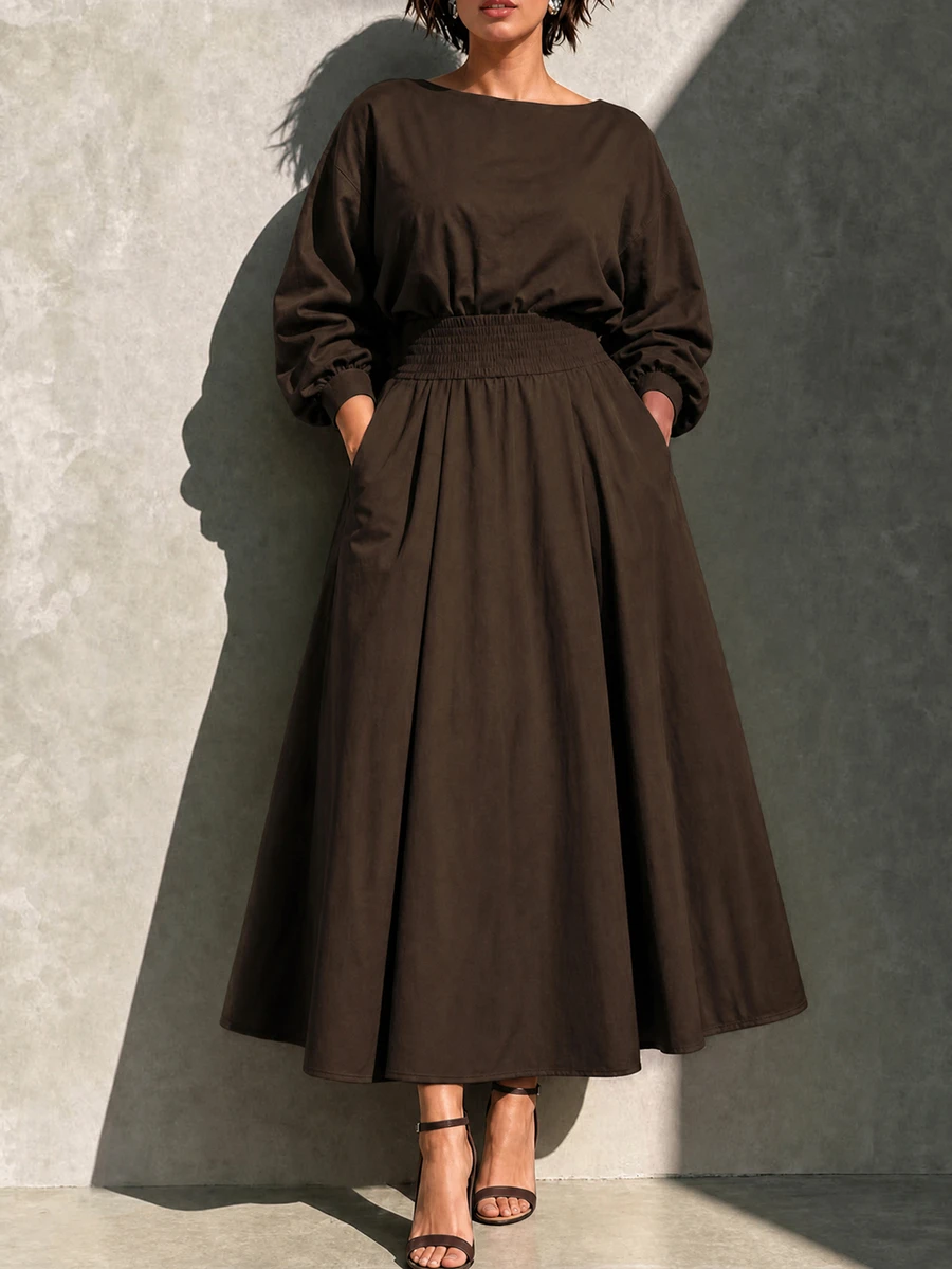 Linhara CURVE Round Neck Long Sleeve A-Line Skirt With Pockets Waist-Cinching Dress - Coffee Brown - View 1