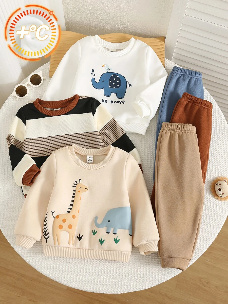SHEIN 6pcs Baby Boy Autumn/Winter Cartoon Animal Pattern Knit Crew Neck Long Sleeve Pullover Sweatshirt & Elastic Waist Long Pants Set, Cute Sweatshirt Outfit Multi-Piece Set, Infant Sweatshirt Set - Multicolor - View 1