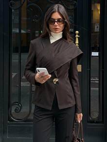 Aloruh Women's Elegant Business Commute Coffee Color Blazer With Shawl Decoration Solid Color Long Sleeve Jacket Autumn/Winter - Coffee Brown - View 3