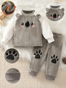 Baby Boy 2 Pieces Double-Sided Fleece Long Sleeve Top And Pants Set With Koala Pattern, Crew Neck, Loungewear - Grey - View 6