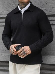 Manfinity CasualCool قميص بولو رجالي كاجوال بلون موحد وأكمام طويلة وتصميم بسحاب - الأسود - مشاهدة 1