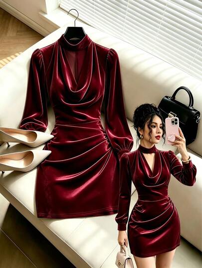 GlowEve Women's Burgundy Velvet Mini Dress, Halter Cowl Neck, Puff Long Sleeve, Ruched Waist, Bodycon Fit, Party Club Dress For Christmas Evening Event