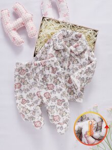 秋冬雙面法蘭絨保暖加厚新生兒居家服套裝，可愛花卉印花粉色彼得潘領長袖上衣搭配連腳褲，柔軟舒適，新生兒最佳禮物 - 淺粉色 - 查看 3