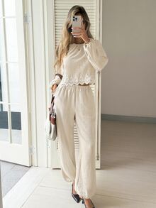 SHEIN Frenchy Women's Lace Patchwork Pleated Top And Loose Textured Pants 2 Pieces Set - Apricot - View 5
