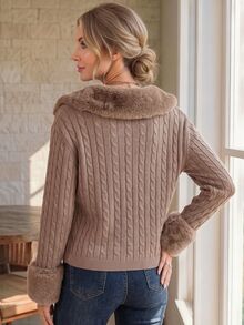SHEIN Women Cable Knit Faux Fur Collar & Cuff Crop Jacket, Single Breasted Short Cardigan Coat For Fall Winter - Brown - View 2