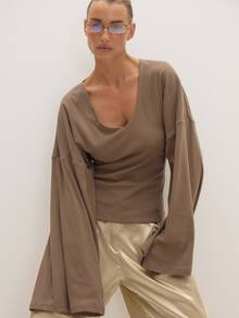 MUSEYN Brown Jersey V Neckline Batwing Top Basic Versatile Everyday Casual Fall - Coffee Brown - View 5