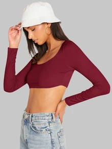 SHEIN BASICS 女款純色圓領長袖短版修身T恤上衣 白色上衣 - 酒紅色 - 查看 4