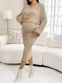 Lyckli Maternity Solid Color Round Neck Casual Daily Knit Dress - Apricot - View 3
