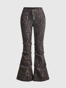 ROMWE Grunge Punk Women's Sexy Leopard Print Skinny Stretch Stacked Flare Jeans - Brown - View 1