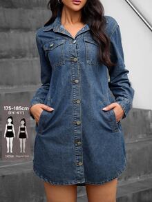 SHEIN Tall Women's Long Sleeve Collared Denim Shirt Dress, Front Button Closure, Patch Pockets, Curved Hem, Casual Denim Mini Skirt - Dark Wash - View 1