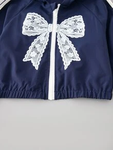 3件組女孩甜酷學院風休閒套裝，蕾絲蝴蝶結刺繡連帽外套、寬腿褲、細肩帶背心，適合日常上學、外出，秋季穿著 - 寶藍色 - 查看 6