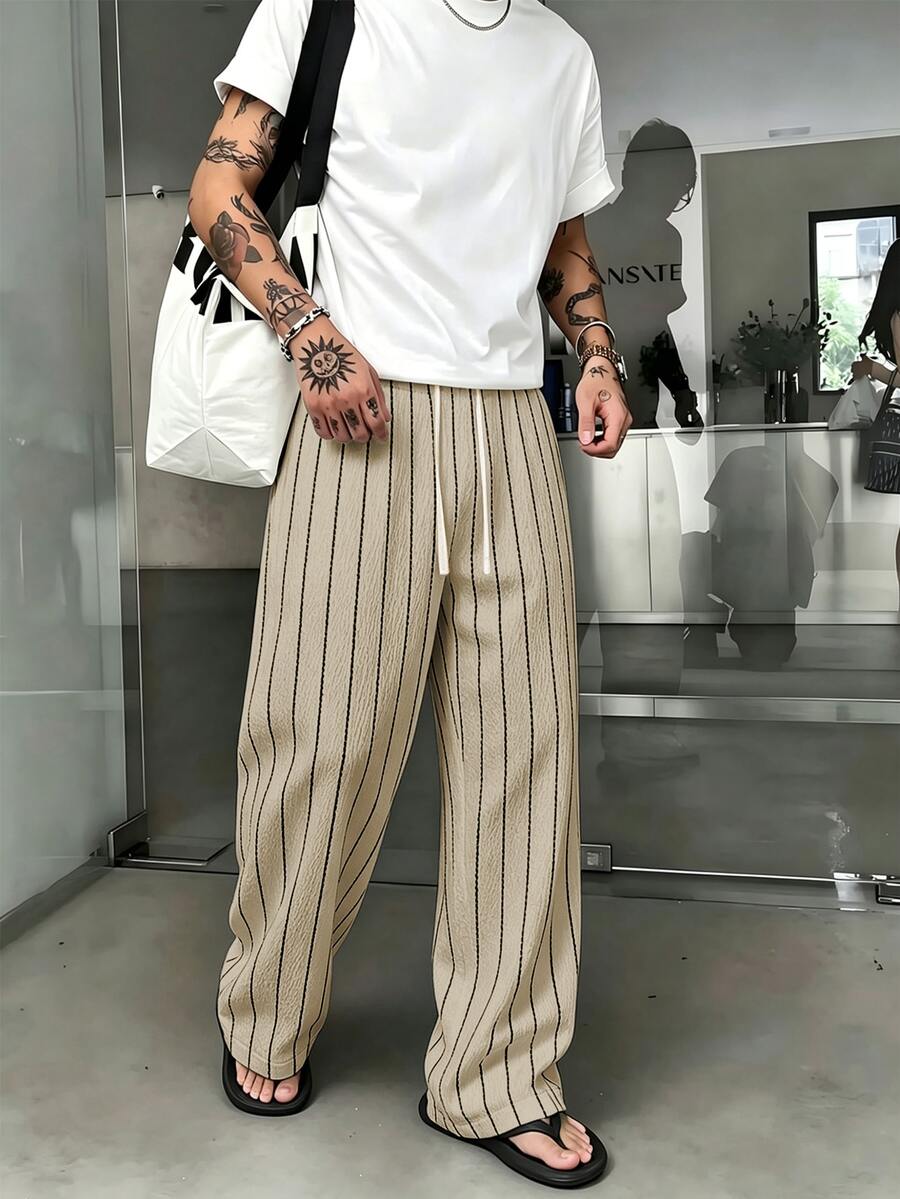 STEELVANCE 男士休閒日常條紋運動長褲 - 卡其色 - 查看 1
