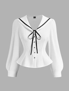 Sweetra Plus Size Women's Casual Commute Minimalist Woven White Long Sleeve Shirt, Autumn/Winter Fall - White - View 1