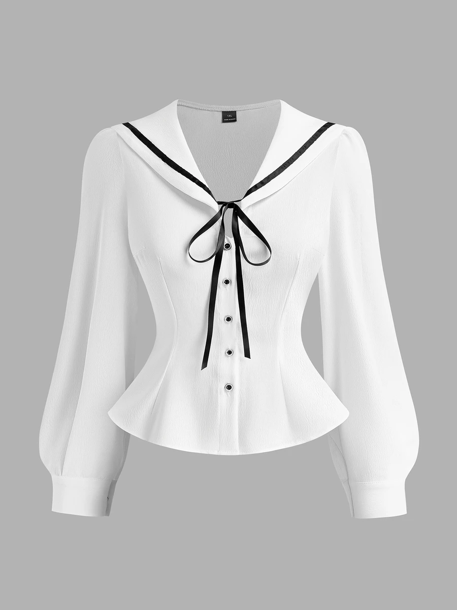 Sweetra Plus Size Women's Casual Commute Minimalist Woven White Long Sleeve Shirt, Autumn/Winter Fall - White - View 1