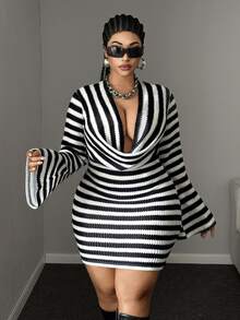 Maweii Plus Size Women's Fashion Striped Elegant Sexy Cowl Neck Dress Fall - Black and White - View 1