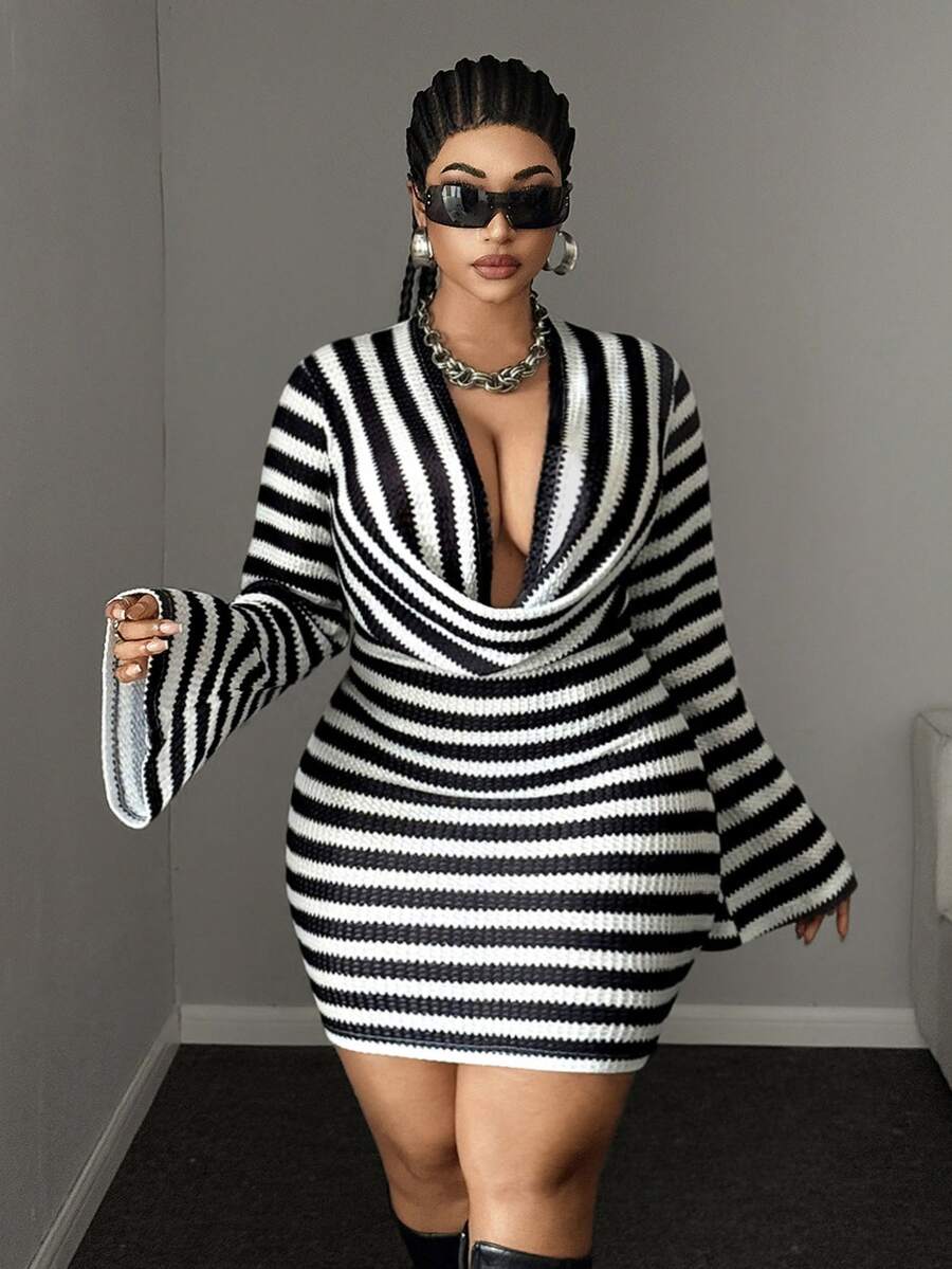 Maweii Plus Size Women's Fashion Striped Elegant Sexy Cowl Neck Dress Fall - Black and White - View 1