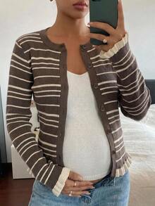 Dazy Maternity Contrast Color Striped Fitted Long Sleeve Ruched Ruffle Round Neck Casual Vacation Street Korean Style Autumn/Winter Knit Cardigan For Pregnant Women - Brown - View 3