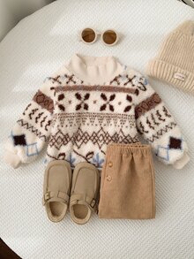 SHEIN 2pcs Baby Boy & Girl Autumn/Winter Pattern Thermal Lined Thick Crew Neck Long Sleeve Pullover Sweatshirt & Elastic Waist Long Pants Set, Fuzzy Sweatshirt Outfit - Multicolor - View 5