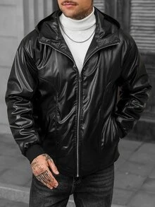 Manfinity CasualCool 男士長袖保暖拉鍊連帽絎縫夾克，冬季黑色街頭風 Y2K 飛行夾克 - 黑色 - 查看 3