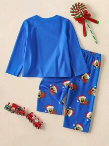 SpongeBob SquarePants | SHEIN Baby Boy Letter Cartoon Print Long Sleeve Top And Pants Loungewear Set - Multicolor - View 2