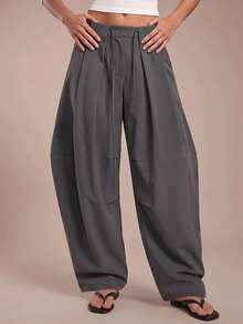 Avantive Women's Simple Pleated Tie Waist Loose Long Pants For Vacation & Travel - Grey - View 7