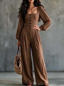 Trelyra Women's Solid Color Pocket Pleated Casual Everyday Jumpsuit - Khaki - View 4