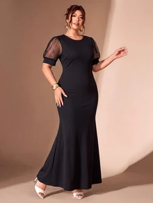 Cravure Women's Round Neck Lantern Short Sleeve Fitted Mermaid Tail Elegant Party Plus Size Dress - Black - View 5