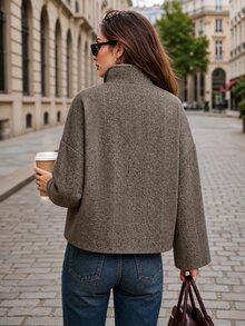 Editum Jaket Kasual Wanita Lengan Panjang Kancing Ganda Motif Tulang Ikan - Coffee Brown - View 2