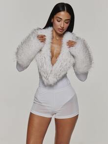 MUSERA White Faux Fur Long Sleeve Unitard Playsuit Autumn Fall Winter Coolgirl Rave Festival Halloween Ultra M - White - View 2