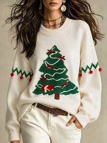 SHEIN Franclia Suéter de punto de cuello redondo con patrón de árbol de Navidad para mujer, decoración de pompones, manga larga, estilo pullover para otoño e invierno - Multicolor - Ver 7