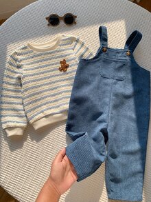 SHEIN 2件組男嬰秋冬休閒藍色條紋衛衣與藍色吊帶褲套裝，條紋套裝，嬰兒套裝，衛衣套裝，可愛套裝 - 彩色 - 查看 4