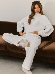 GLOWMODE Cozy Street Collection Everyday Fleece Whole Lotta Cozy Wide-Ribbed Stand Collar Sweatshirt With Adjustable Hem Daily Casual Fall Winter Wear - White - View 7