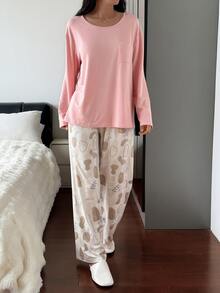 DAZY Women's Solid Color Long Sleeve Pocket Top And Pants Pajama Set - Pink - View 8