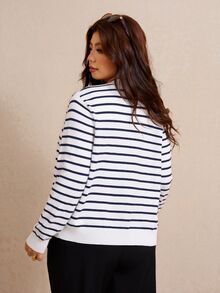 Elaquor Plus Size Women's Striped Top And Long Sleeve Cardigan Knit Set - Navy Blue - View 2