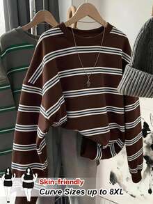 SHEIN CURVE+ Vintage Striped Women's Plus Size Sweatshirt - Multicolor - View 3