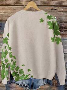 Linhara Plus Size Fashion Leaf Print Long Sleeve Pullover Sweater - Green - View 2
