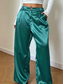 Sunnyshic Glossy Solid Color Draped Straight Leg Pants With Slanted Pockets - Blue - View 1