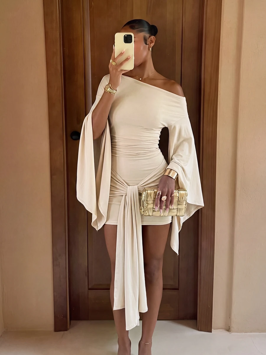 Lumalex Off-White Elegant Corset-Style Asymmetrical Shoulder Mini Dress,Body-Contouring Draped Bodice For Summer Date,Vacation,Party & Weddings - Apricot - View 1