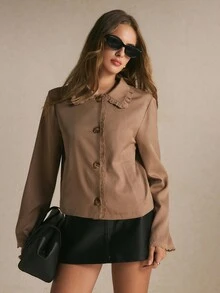 Poéselle Women's Khaki Lace Trim Cropped Jacket, Comfortable Button Front Collared Coat With Pockets, Vintage Coquette Fall Outerwear - Khaki - View 6