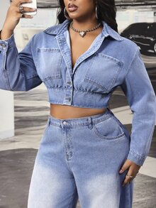 Slaydiva Plus Size Women's Outdoor All-Season Short Blue Denim Top - Medium Wash - View 1