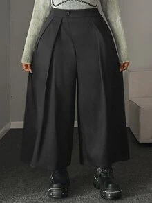 Maweii Plus Size Black High Waist Pleated Wide Leg Suit Pants - Black - View 2