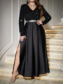 Reflora Plus Size Women Solid Color Sequin Waist Rhinestone Decor Elegant Dress - Black - View 4