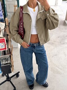 Muchica 女款棕色格紋編織休閒夾克，前拉鍊設計 - 棕色 - 查看 3
