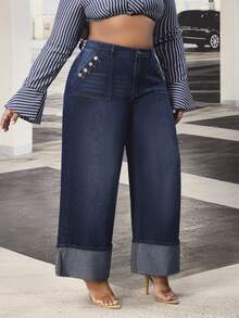 Slaydiva Cowgirl Outfit Plus Size Women's Blue Non-Stretch Cuffed Straight Leg Jeans - Dark Wash - View 3