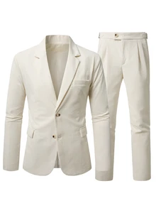 Manfinity Bizformal Setelan Jas Kasual Pria Lengan Panjang Warna Polos dan Celana - Aprikot - View 4