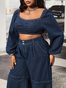 Slaydiva Randig långärmad kort denimtopp med veck för kvinnor i plus size, utan stretch - Mörktvätt - Visa 5