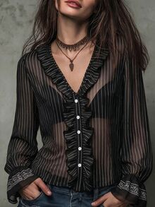 SHEIN Autumn French Retro Striped Ruffled Long-Sleeved Women's Blouse, Made Of Chiffon Fabric, Perfect For Parties, Commuting, Christmas, And Halloween. - Black - View 5