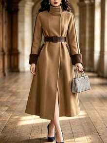 Balvessa Fall Clothes FOR WomenWomen's Contrast Color Raglan Sleeve Elegant Long Overcoat - Brown - View 3