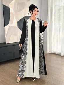 Graceveil Apricot And Black Contrast Wave Eyelash Lace Patchwork Long Cardigan Arabic Loose Long Sleeve Outerwear Robe - Black and White - View 3