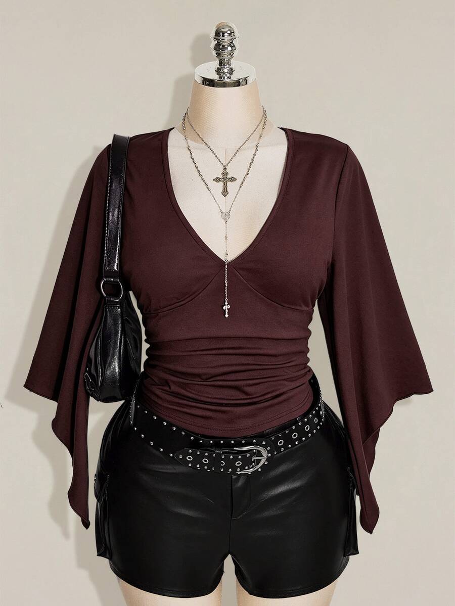 SHEIN ICON 女款大尺碼純色V領百褶喇叭袖T恤 - 中紫紅色 - 查看 1